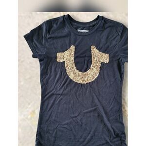 True Religion Women's XXS Black Tee with Gold Sequin Horseshoe Logo